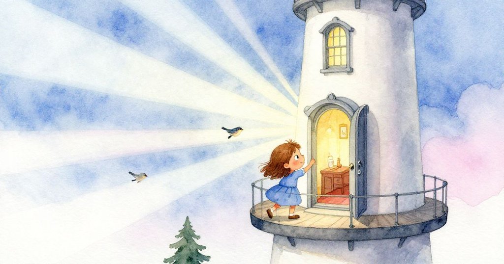 Joy推開鐵門進入燈室，溫暖晨光與小鳥圍繞，充滿好奇喜悅的表情在迷人光影中展現。