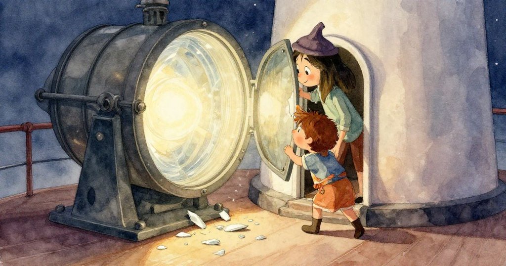 Joy小心步入燈室，腳步印在彩虹光帶上，展現專注與期待的情緒，地面反映光影變化。