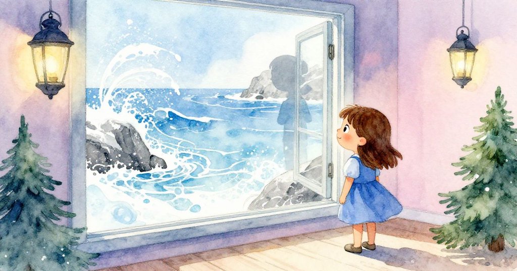 Joy倚窗望向戶外岩石和浪花，混合燈室內柔和光線，她神情滿懷驚喜與自然連結。