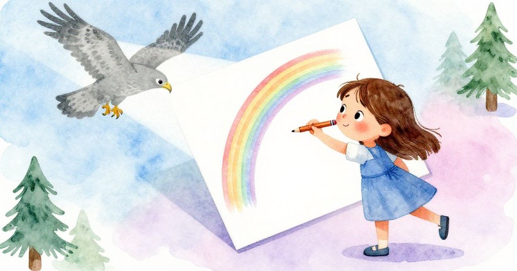 Joy專心描繪彩虹時，鷹影掠過窗外，她笑著調整姿勢，感受光影與自然的奇妙互動。
