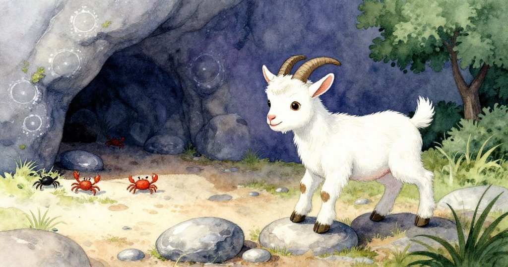 幼山羊在晨光中踏上滑石,低洞旁鹽環閃爍,小螃蟹隊伍陪伴,展現初探海岸的好奇與期待。