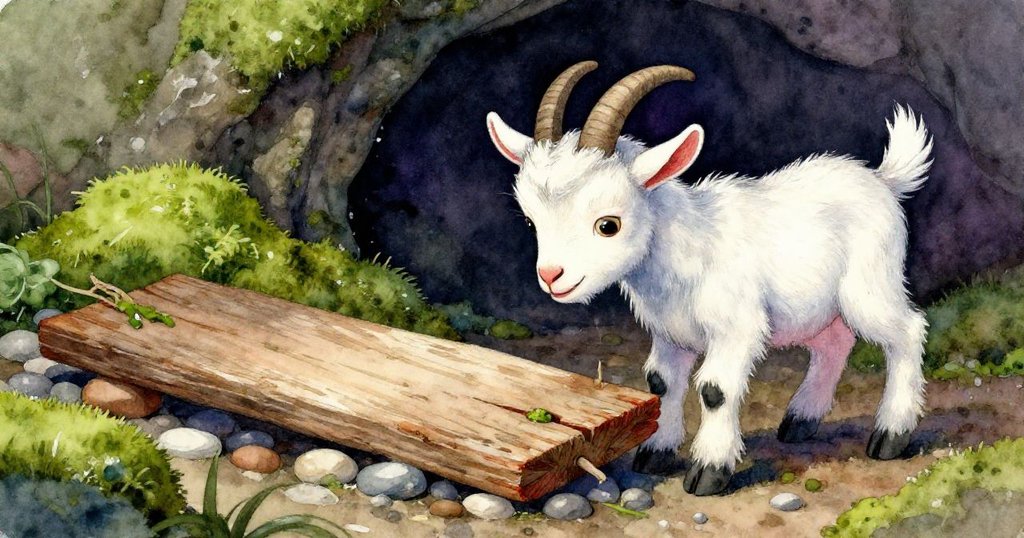 幼山羊輕推著覆滿青苔的木板,木板與卵石細節豐富,營造出洞口邊濕潤而神秘的自然氛圍。