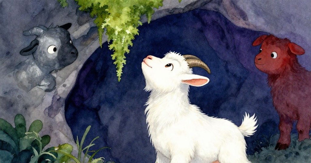 低角度視角下,幼山羊昂首伸頸捕捉懸掛青苔與食物,臉上流露出堅定與渴望,充滿挑戰意味。