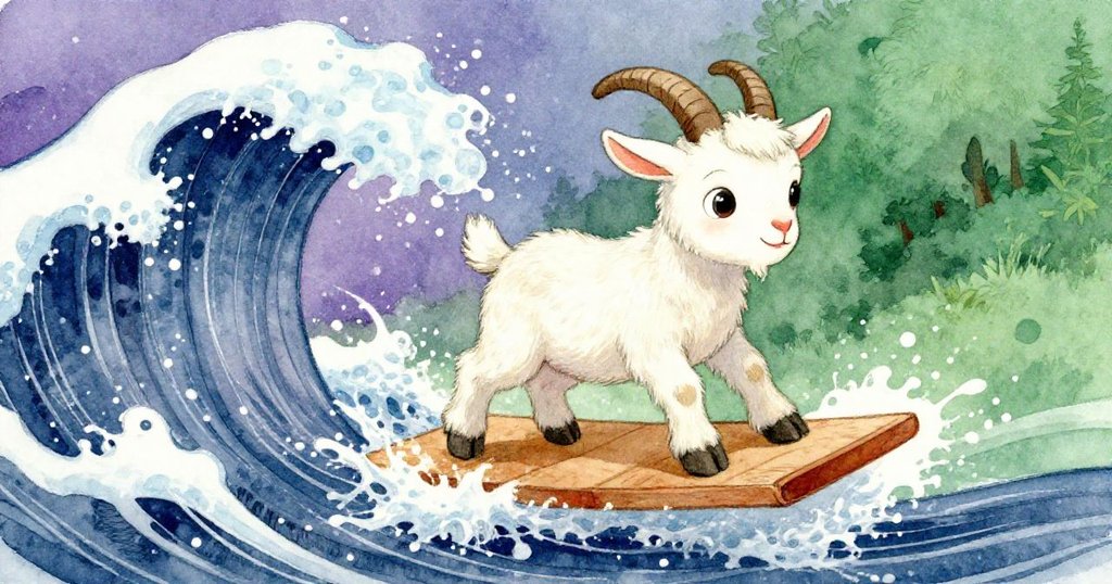 新鮮波浪托起木板,幼山羊乘板上升,海浪白沫四散,展現出充滿動感與冒險的激昂瞬間。