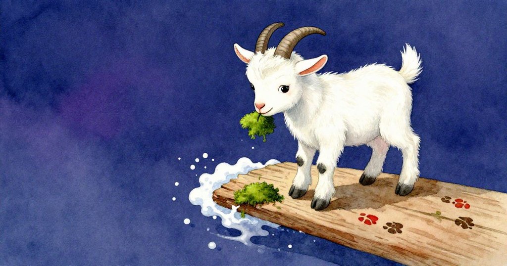 在新高度上,幼山羊安詳咀嚼青苔,木板上留有濕爪印與漸退白沫,象徵著最終的成功與內心寧靜。