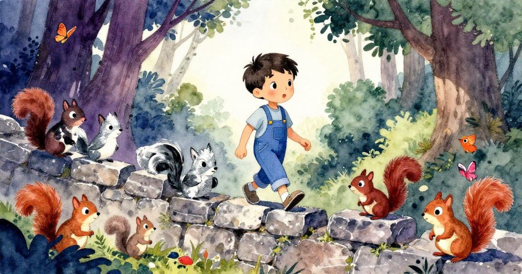 歐文沿著古老石牆漫步,周遭有松鼠、鳥兒和蝴蝶嬉戲,陽光普照,展現探索的熱情與好奇。