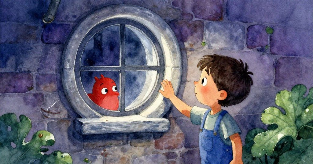 歐文發現嵌於古牆上的圓形窗戶,仔細觸摸窗框展現驚喜好奇,背景呈現深紫與森林綠交織。