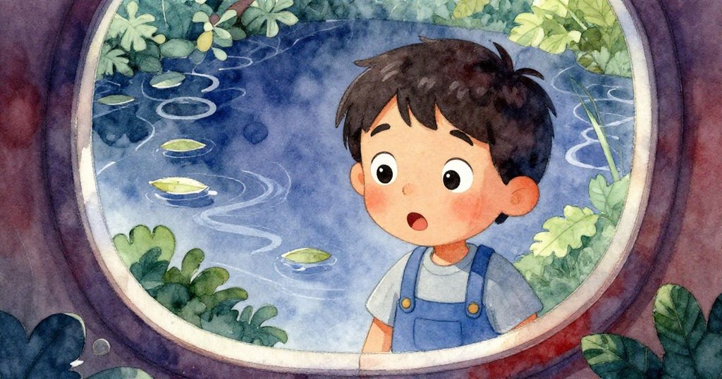 歐文靠近窗戶,透過圓形窗框觀看池塘中輕飄的樹葉,臉上充滿驚奇與柔和光影映襯。