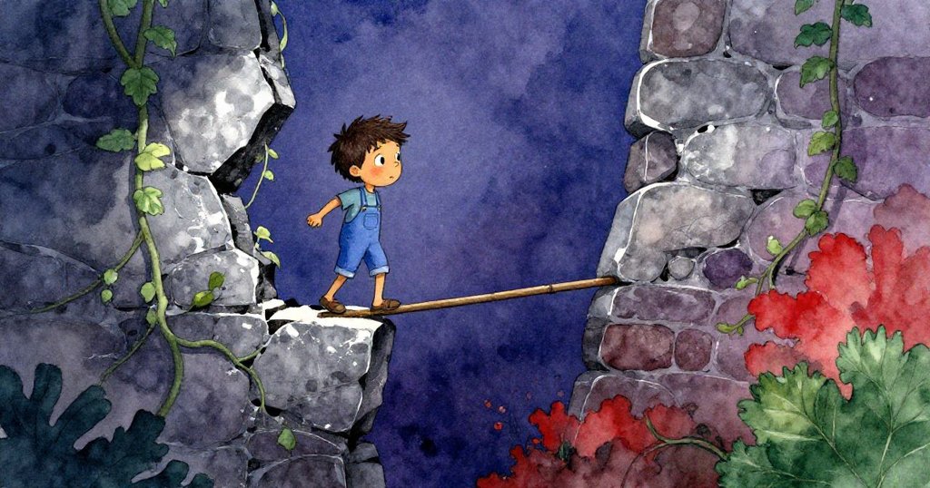 歐文踩在長木棍上小心平衡,在高裂縫邊緣探視內部隱藏的藤蔓與紫花,神情專注而勇敢。