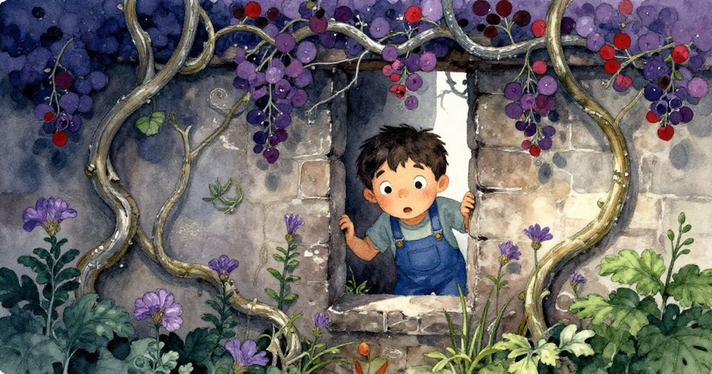 歐文探視牆縫,見內部纏繞野藤與成叢紫花,臉上流露出既驚懼又期待的複雜情緒。