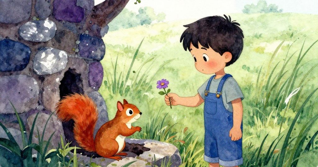 歐文於牆上小洞前與一隻松鼠交換紫花,背景展現遼闊搖曳高草,臉上充滿驚喜與溫馨感激。