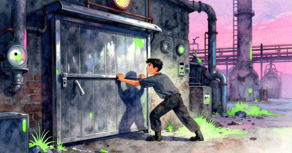 Atlas推開滾動門進入鑄造廠，初晨光與工廠熱氣交疊，表情充滿決心與興奮