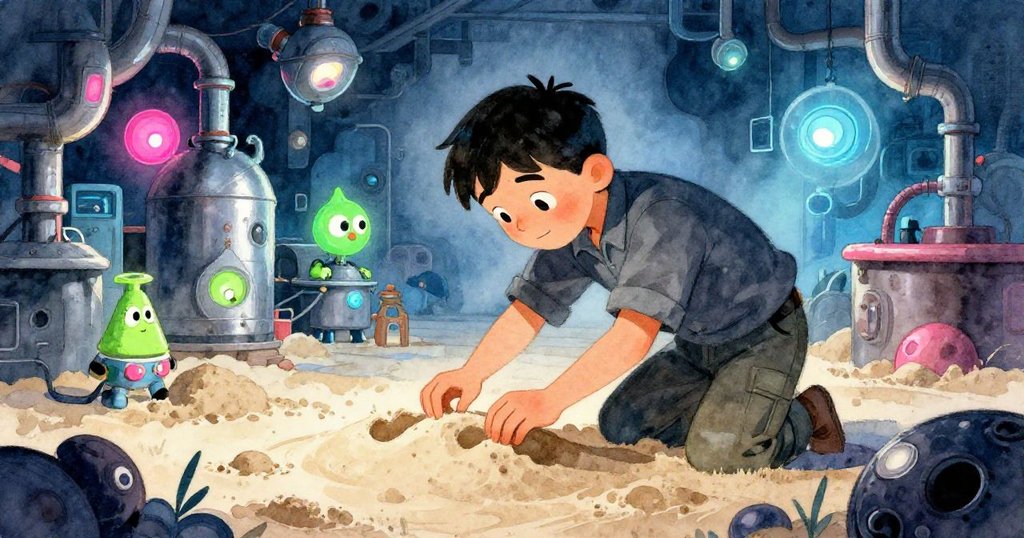 Atlas驚訝地俯身檢查沙模上細微的凹痕，周圍隱藏著微妙的霓虹藍光與陰影