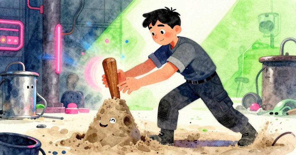 Atlas快速調整動作，用木匙節奏性敲擊沙模，動態中展現急促與充滿能量的工廠場景