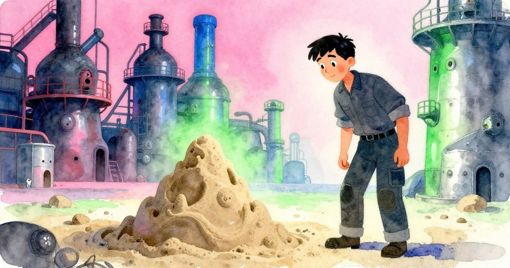 Atlas靜立欣賞沙模獨特變化之美，背景中的霓虹與陰影象徵著內心變化與滿足