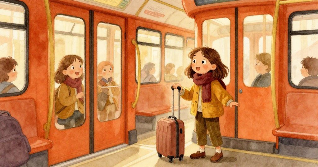 Dawn站在熱鬧車廂中,膝蓋輕碰行李箱,透過反射玻璃流露出期待表情,乘客靜待下一程旅程。