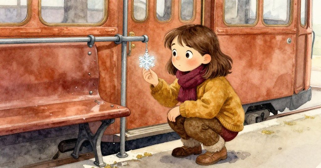 Dawn蹲下靠近破舊長凳,發現閃亮玻璃雪花,眼神中充滿好奇與驚喜,溫暖色調襯托細節。