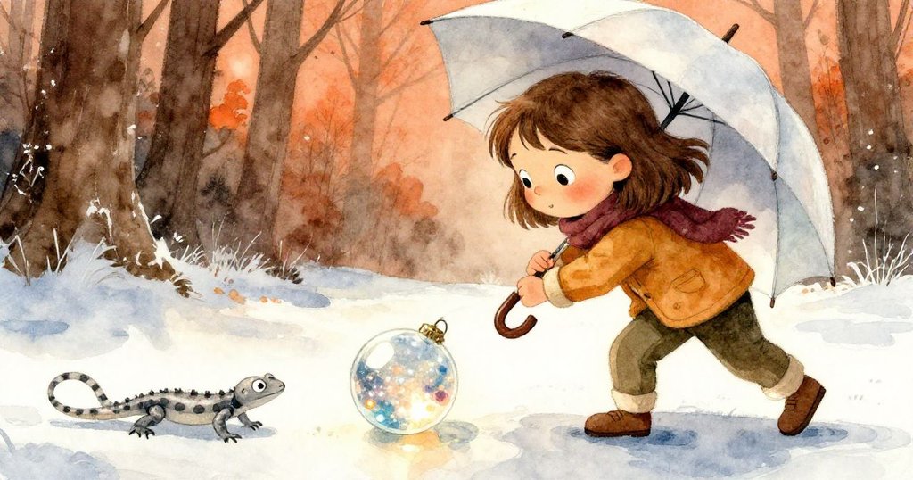 Dawn用傘輕推閃亮雪花,手部細節呈現溫暖驚訝神情,銀灰蜥蜴一閃而逝,冷光映照物件。