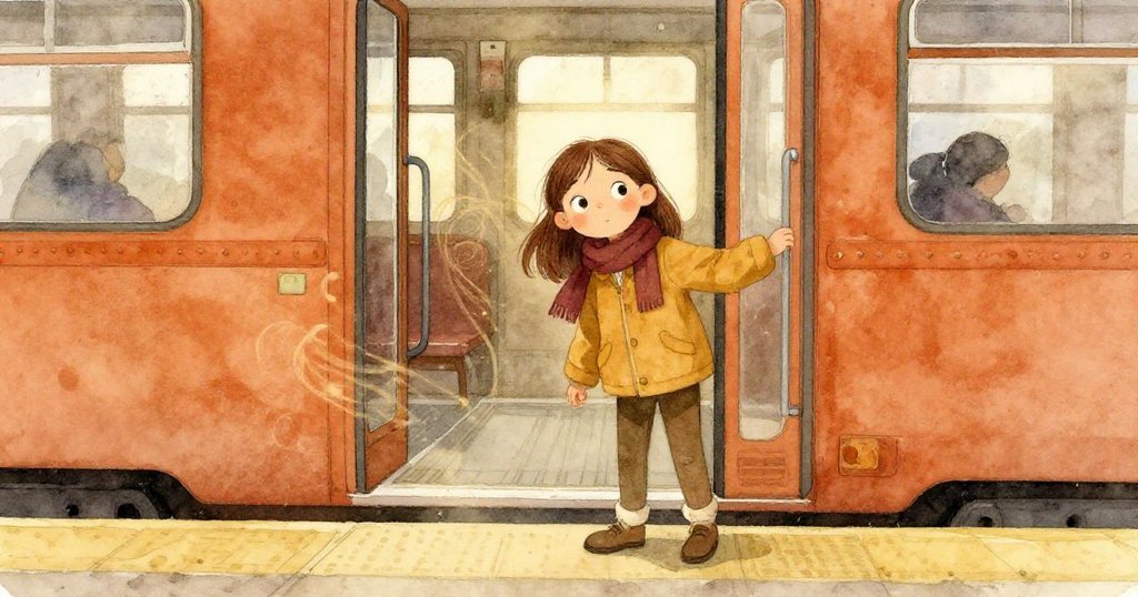 Dawn站在開放車門旁,迎向涼爽月台風,手中緊握飾品,背景露出塵痕與油漆斑駁的歷史痕跡。