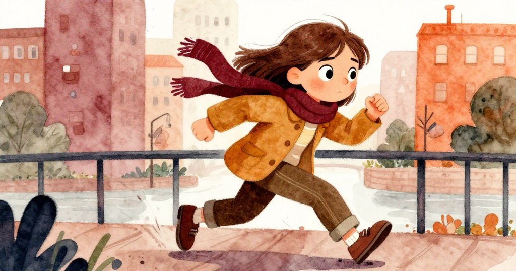 Dawn在人行橋上果敢前行,動態身影中展現堅定選擇,暖色調與城市背景映襯決心。