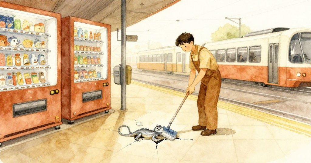 在寧靜月台上,清潔工忙碌拖地,微小銀灰蜥蜴自破裂瓷磚滑出,都市角落中寓意深長。