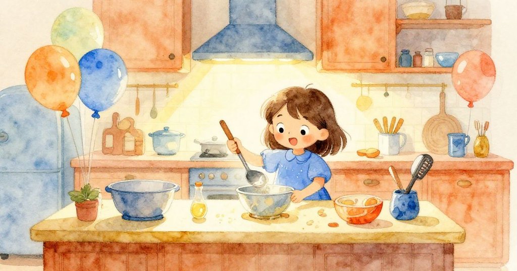 琪琪在溫馨廚房中忙碌，周圍擺滿各式烘焙用具與紙氣球，伴著柔和光線展現好奇與期待的情感。
