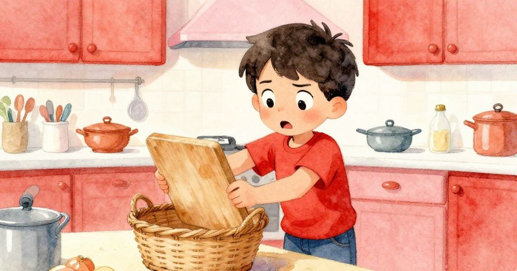 布雷克在廚房中近距離展現驚訝與堅定神情，動作迅速地將砧板擺於籃子後，保護著寶貴的麵糊。