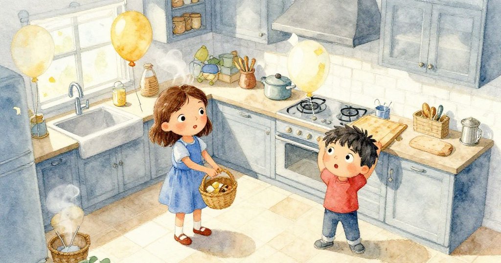 從高處俯瞰溫暖廚房，琪琪穩握籃子，布雷克搭配砧板齊心協力，周遭麵粉、紙氣球與蒸氣瀰漫，充滿活力。