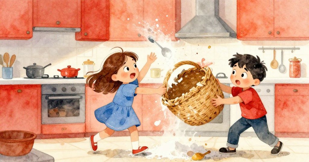 強風襲來，籃子劇烈搖晃與脫落稻草纖維，琪琪與布雷克迅速行動，麵粉飛舞中展現勇氣與活力。