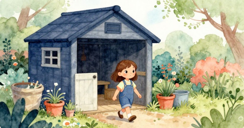 莉莉走向雨後濕潤的小棚屋, 面帶好奇, 畫面展現午後光線與自然庭院, 敘事開端充滿期待。