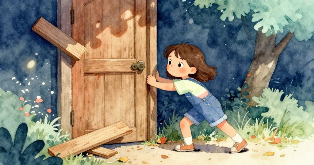 莉莉努力推動舊門, 鞋子在乾葉上打滑, 動作生動, 圍繞小棚屋展開緊張故事情節。