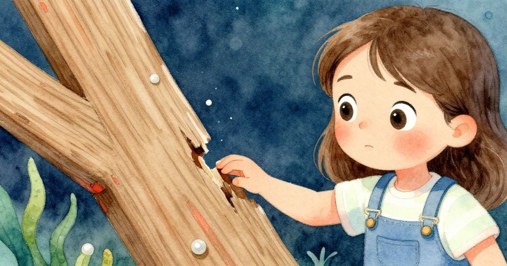 莉莉輕敲木板, 目光充滿好奇, 近距離展現她發現板上細微空隙, 敘事轉折引人入勝。