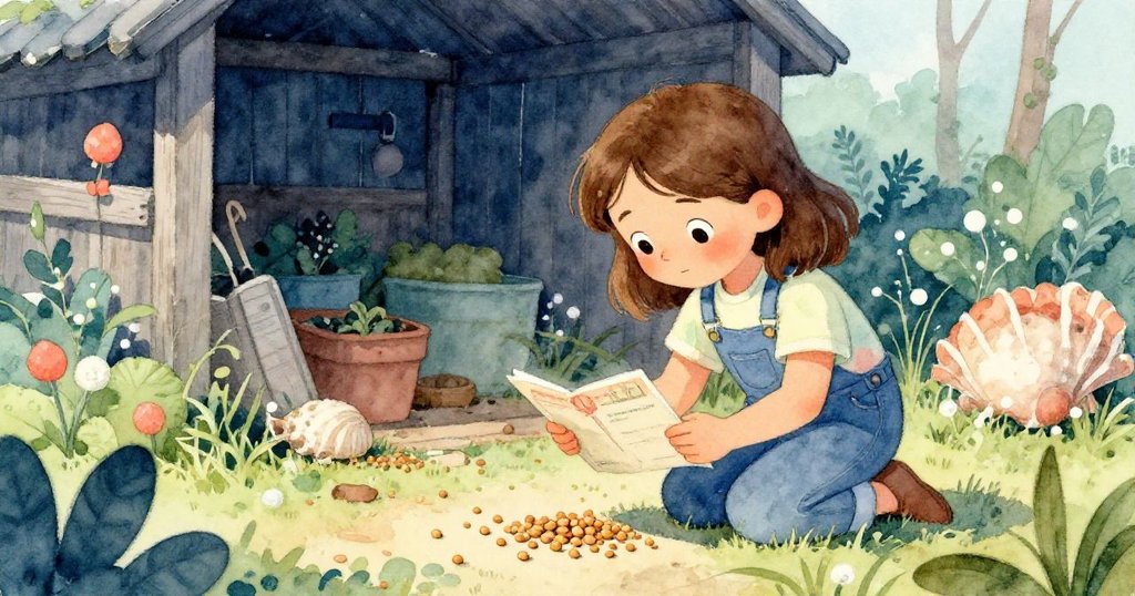 莉莉蹲下細看泥土中青豆與明信片, 神情驚喜溫柔, 發現大自然的隱秘驚奇, 充滿感動。