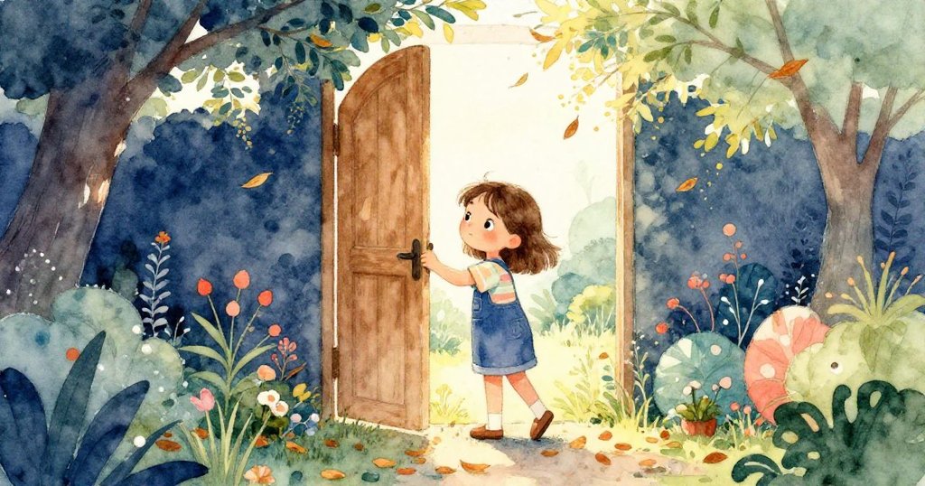 莉莉輕鬆打開棚屋門, 露出寧靜庭院與乾葉輕響, 臉上滿是安心與新開始的喜悅, 故事圓滿結尾。