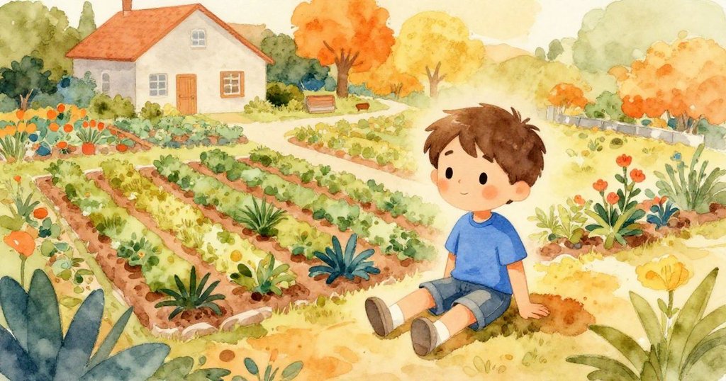 在明亮太陽下，男孩Seth坐於庭院中，鳥瞰整個綠意盎然的花園與房屋，展現寧靜與自然美景，氛圍溫暖祥和。