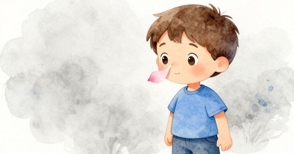 男孩Seth靜坐時，一朵柔軟花瓣輕落鼻尖，面部流露微妙驚喜與沉思，環境細緻溫柔，呈現溫馨場景。