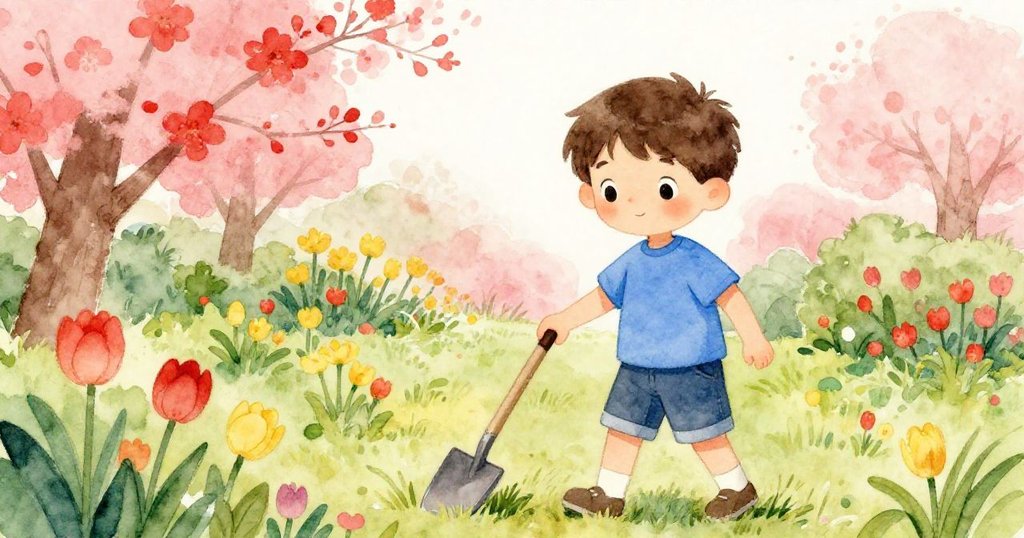 在春日花開的庭園中，溫暖微風拂過，男孩Seth靜觀間一把鏟子因風輕觸肩膀，花團錦簇間充滿生機。