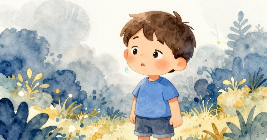 一滴清涼水珠突然落在男孩Seth臉頰上，瞬間引起驚訝，他輕閉雙眼靜待，背景自然寧和充滿溫暖光影。