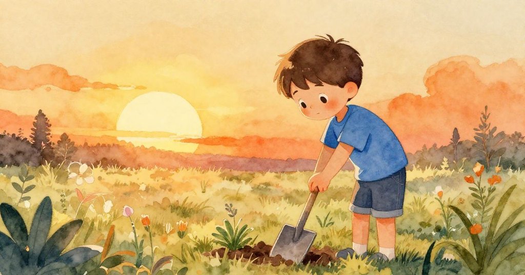 在金黃夕陽映照下，男孩Seth輕微側身穩定自己，旁邊鏟子靜臥，背景夕光溫暖柔和，畫面充滿寧靜與希望。