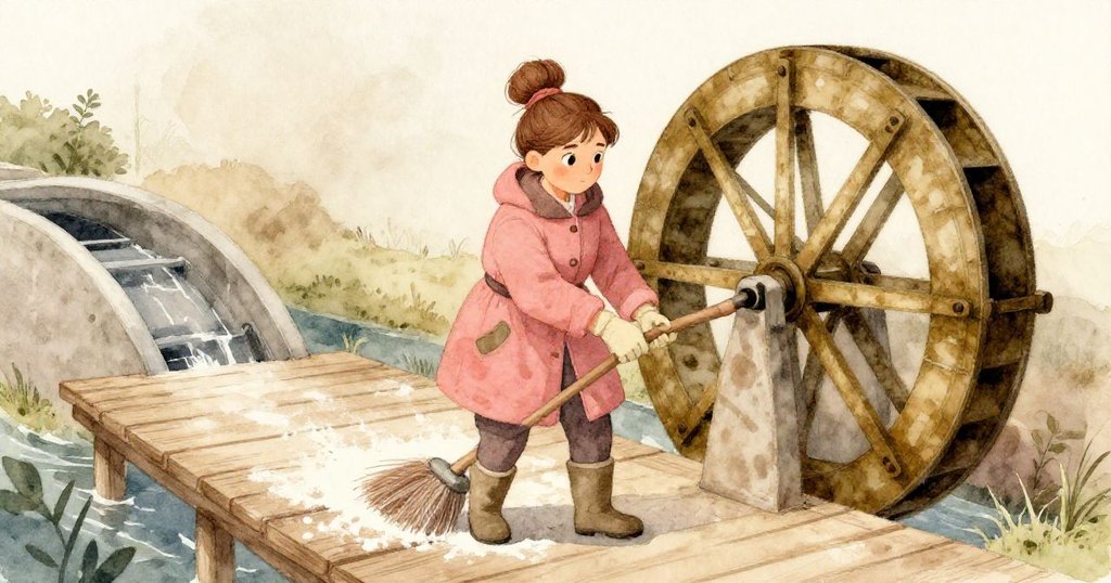 克拉在古舊磨坊的窄巷裡用掃帚掃拭麵粉，柔和晨光映照背景水車轉動，臉上散發出平靜專注的神情。