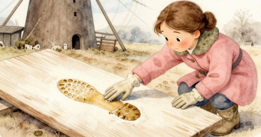 克拉蹲下仔細觸碰木板上新留的濕靴印，麵粉散落映襯著冷光，顯現出她充滿疑惑而專注的神情。