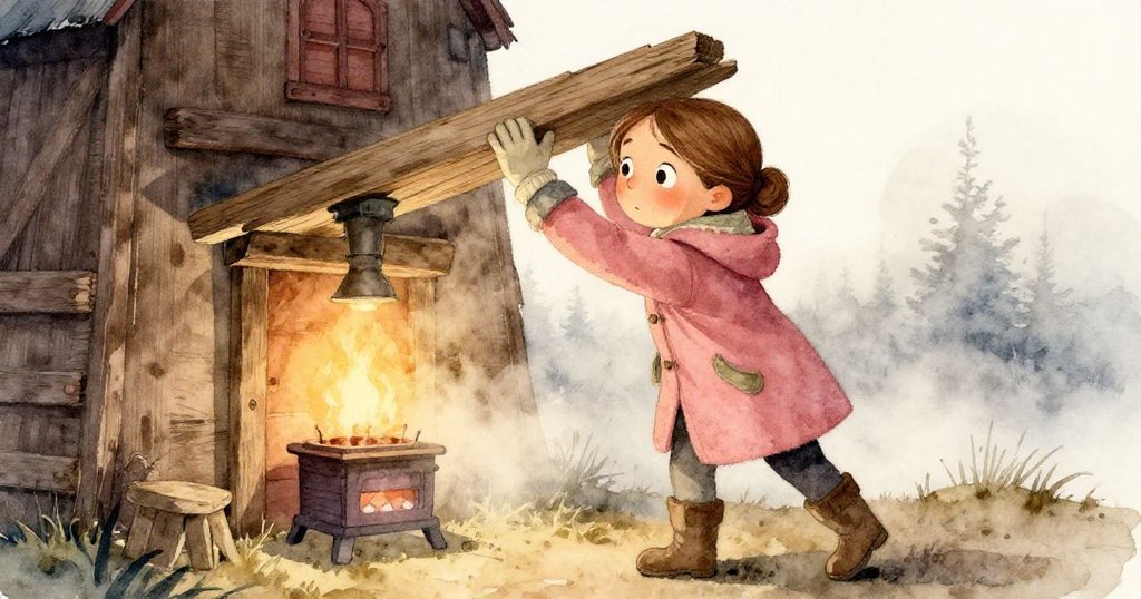 克拉低角度細看鬆動地板下冒著涼爽蒸汽的縫隙，她好奇且略帶擔憂的神情在溫暖燈光映襯下更顯清晰。