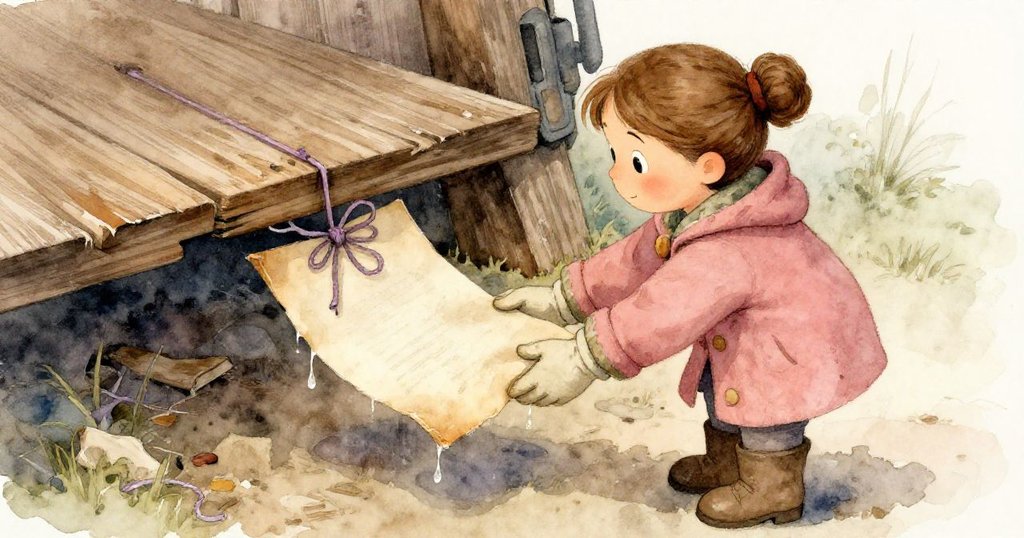 克拉從隱秘縫隙中發現滴水筆記本和紫色染痕的繩子，她小心翼翼支撐著筆記本，神情透露出隱秘好奇。