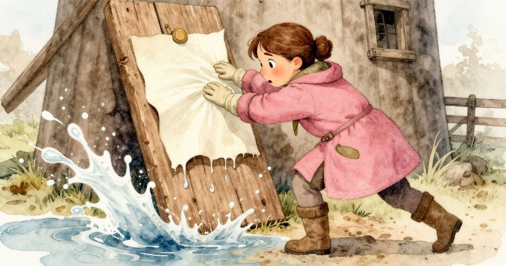 克拉急忙用手臂固定濕漉筆記本，木板晃動與水花四濺彰顯緊張動作，臉上寫滿堅定與緊迫的情緒。