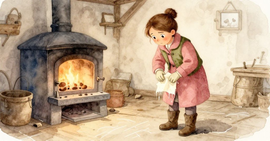 克拉在溫暖爐火旁將珍貴筆記本收入衣襟，旁邊擺著麵粉袋與粉筆畫痕，整個場景洋溢著安全與寧靜的喜悅。