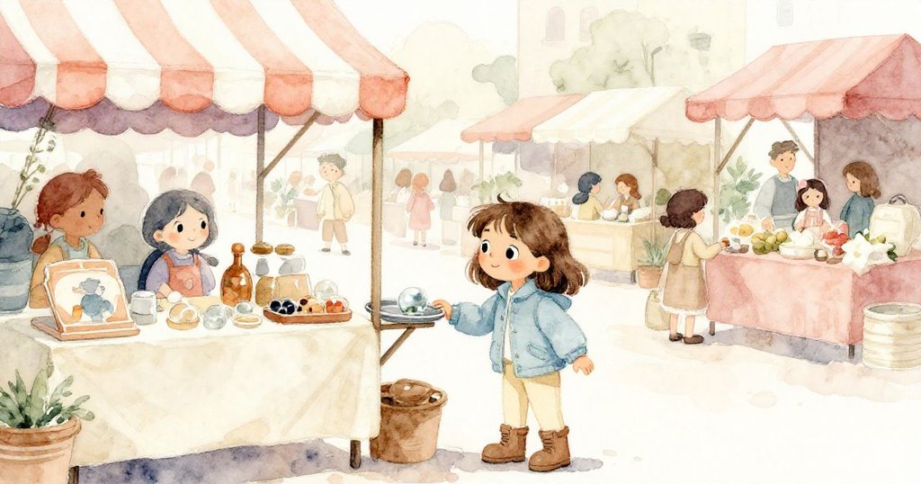 Zara走在繁忙市場中，接近攤位上放著水晶球的托盤，背景充滿人潮和溫暖晨光。