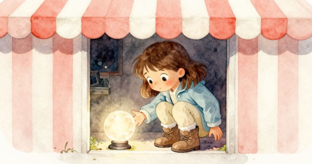 Zara從條紋遮篷後探出身子，蹲下拾取靠近鞋邊的水晶球，神情好奇充滿專注。