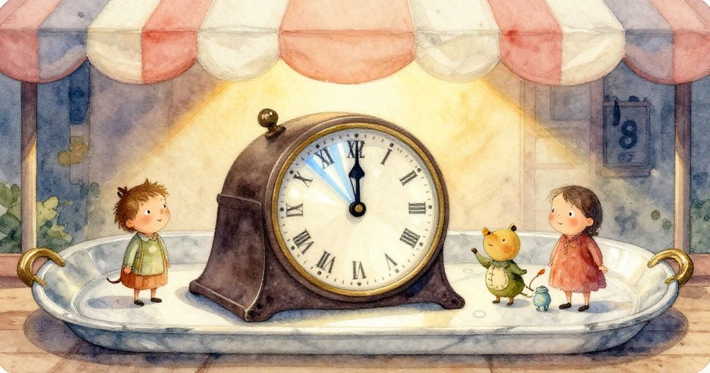 回憶中的清晨攤位，霜白箱子與摺疊綢緞在淡藍光中排列整齊，充滿寧靜準備氣息。