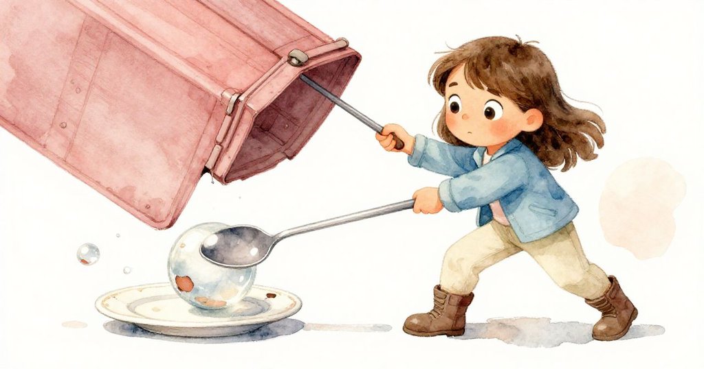 Zara用長湯匙穩穩撬開箱蓋，水晶球滾出撞上破損盤子，動作果敢且充滿動態。