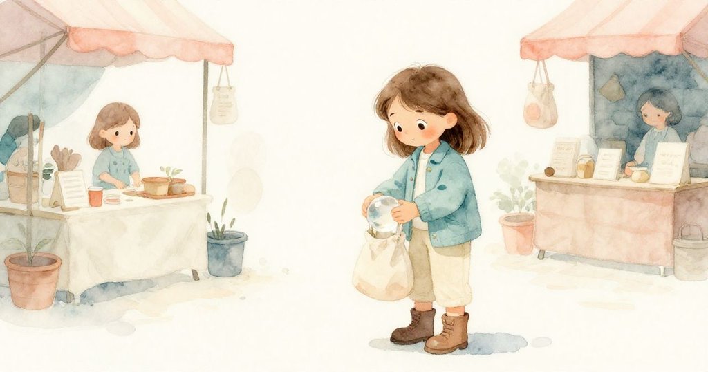 Zara靜靜地將水晶球放進布袋中，市場背景柔和寧靜，她臉上露出平和且滿足的微笑。